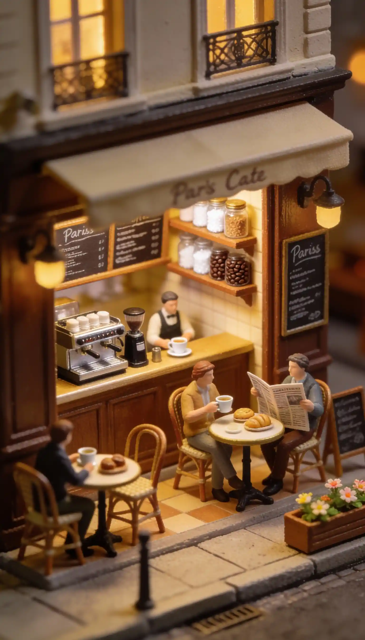 Diorama em miniatura aconchegante de pessoas em um café parisiense