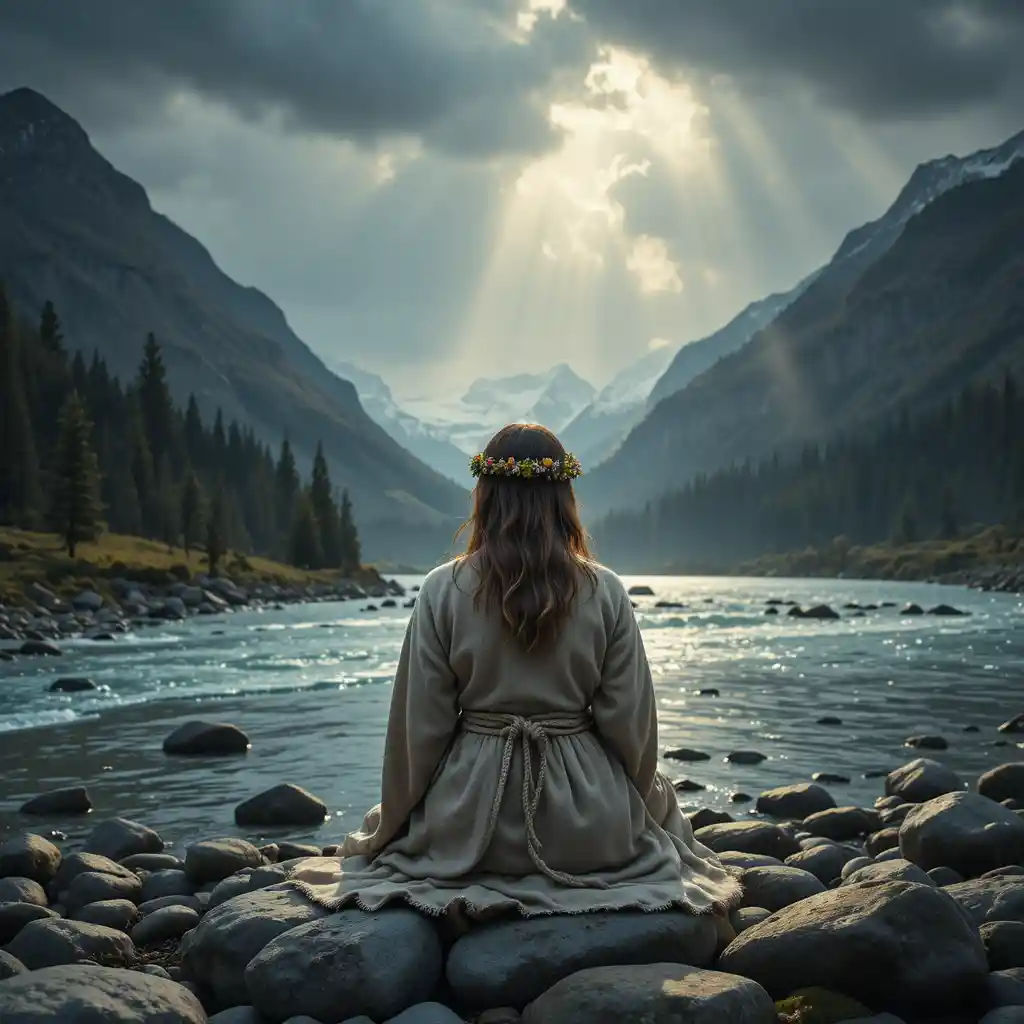 Donna in abito che contempla una valle glaciale