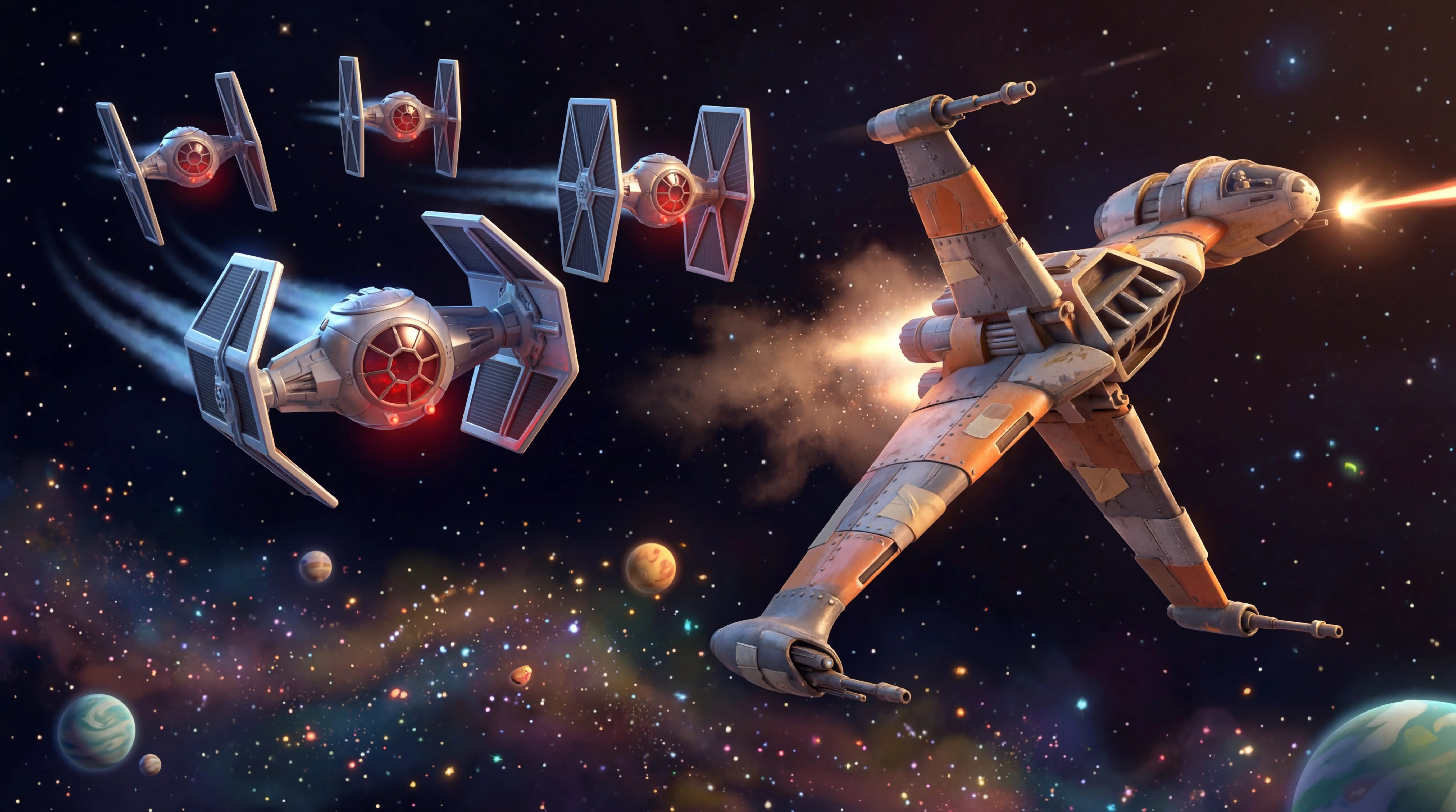 Imperial fighters chasing a lone rebel starfighter in space