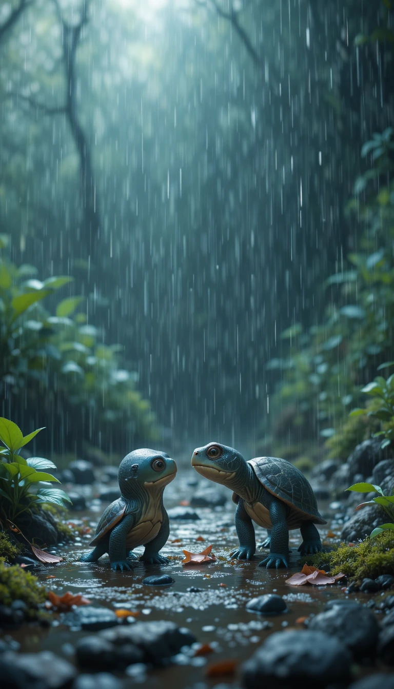 Two cute small turtles standing together in the rain