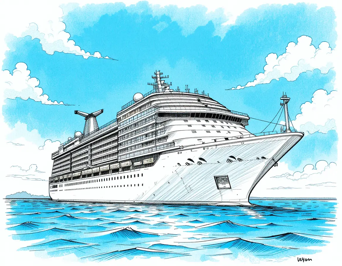 White cruise ship on calm turquoise sea under soft clouds