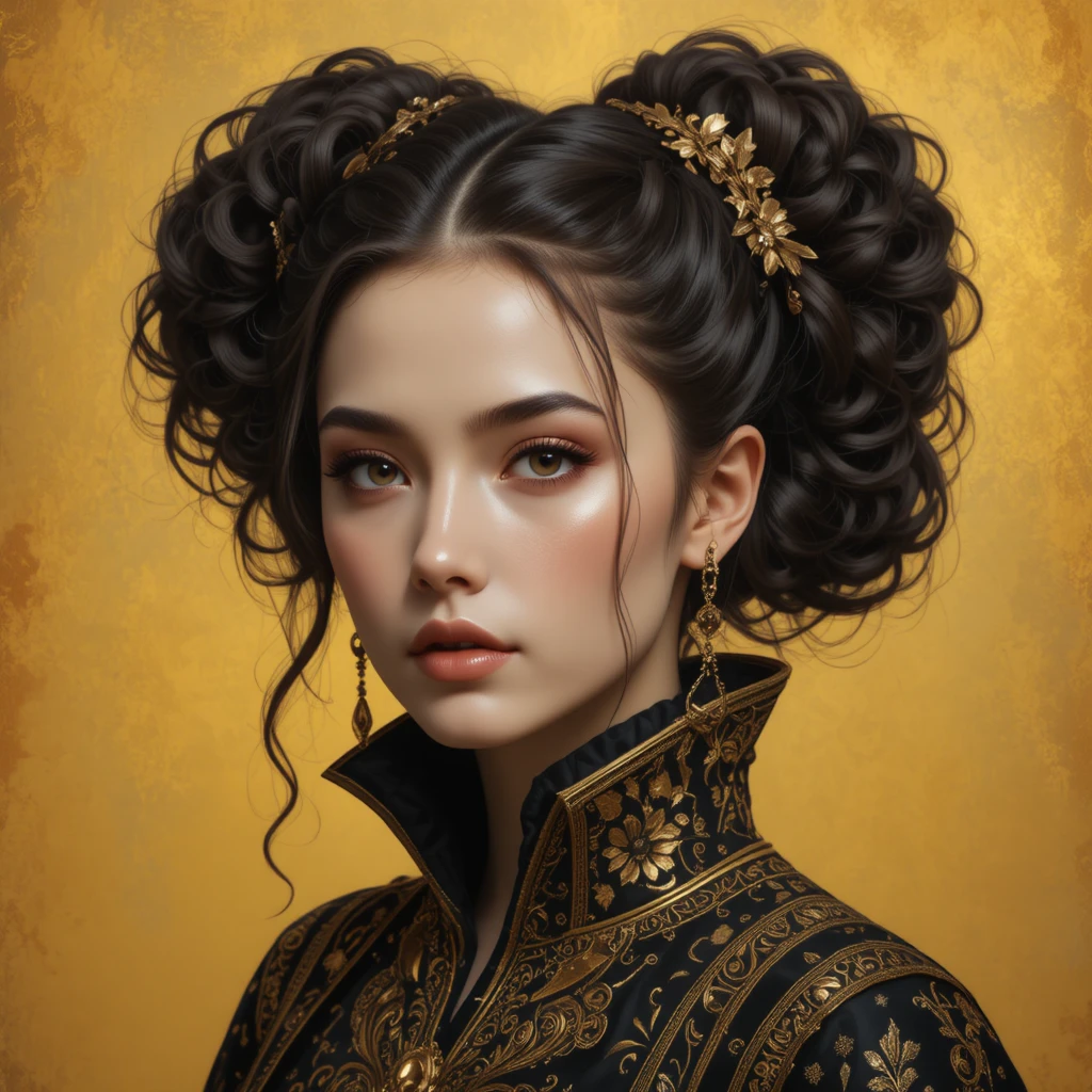 Regal digital portrait of a young woman in black and gold