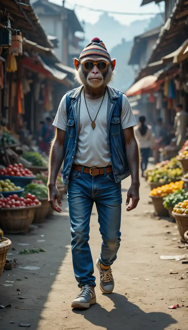 Cinematic monkey in jeans striding through Nepal street market