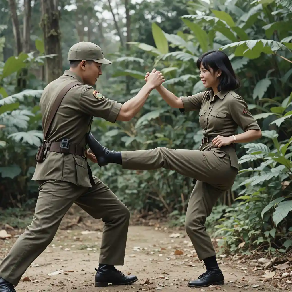 Playful hand to hand combat between vietnamese soldiers in jungle