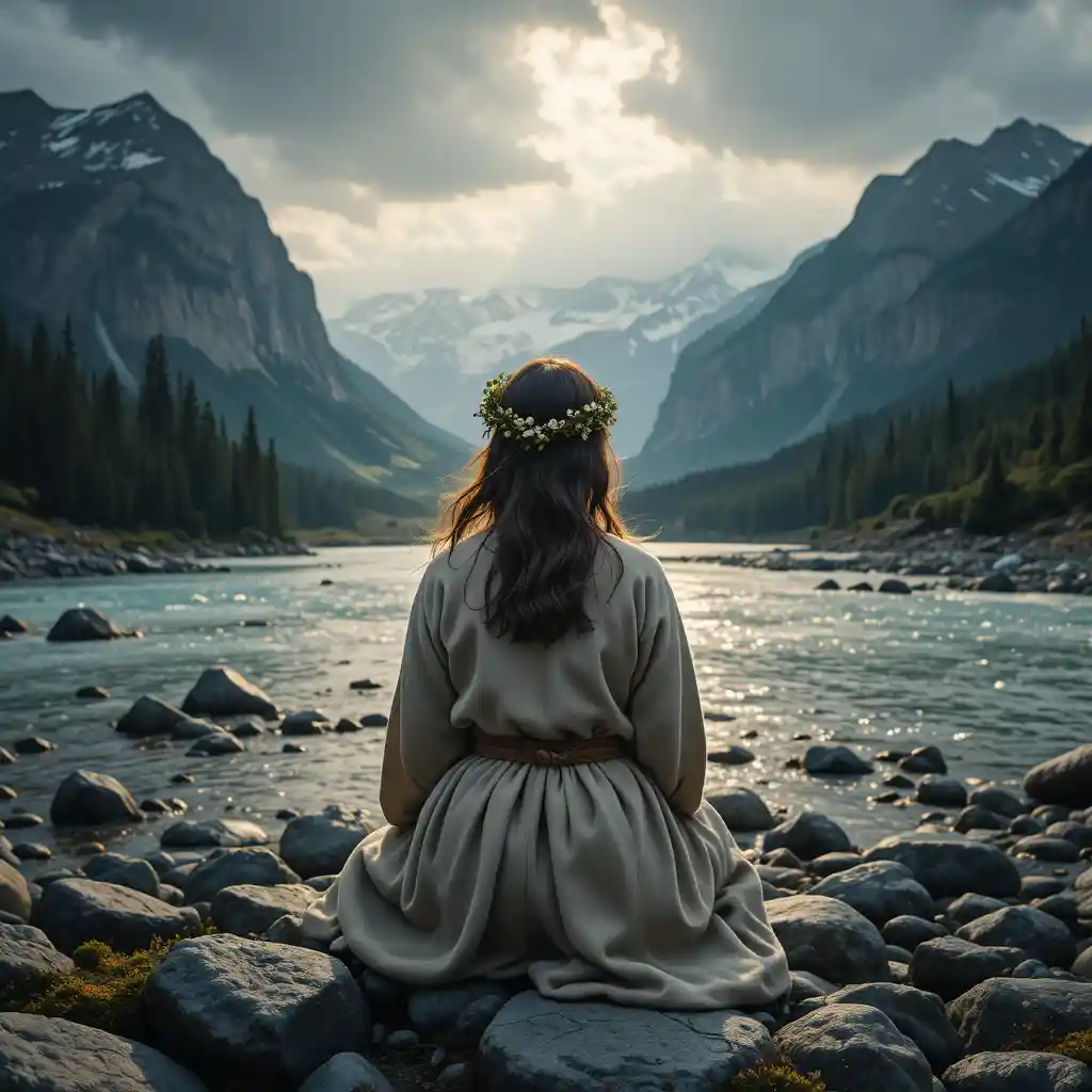 Figura solitaria lungo un fiume glaciale tra montagne alpine nebbiose