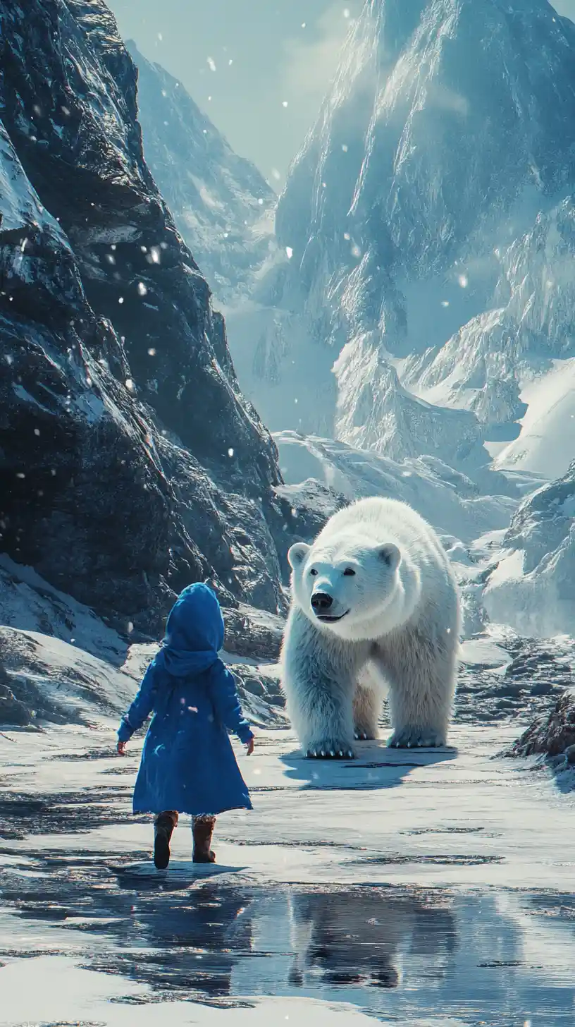 Menina pequena e filhote de urso‑polar na luz nevada das montanhas
