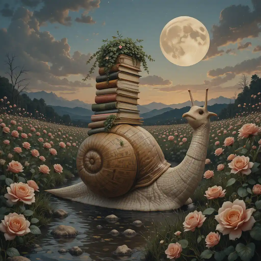 Surreal book headed figure riding a giant snail at dusk