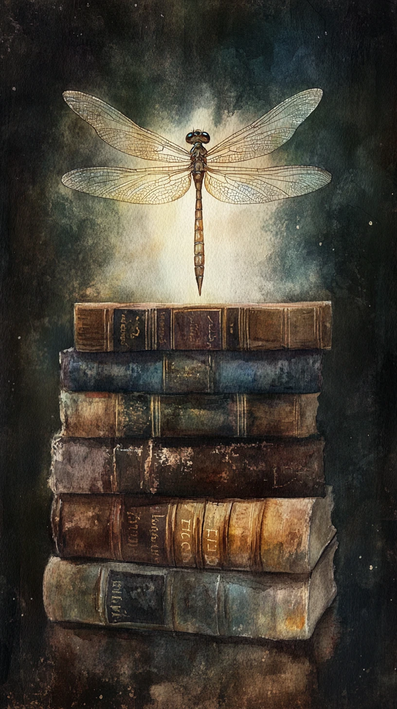 Watercolor dragonfly on vintage books in glowing darkness