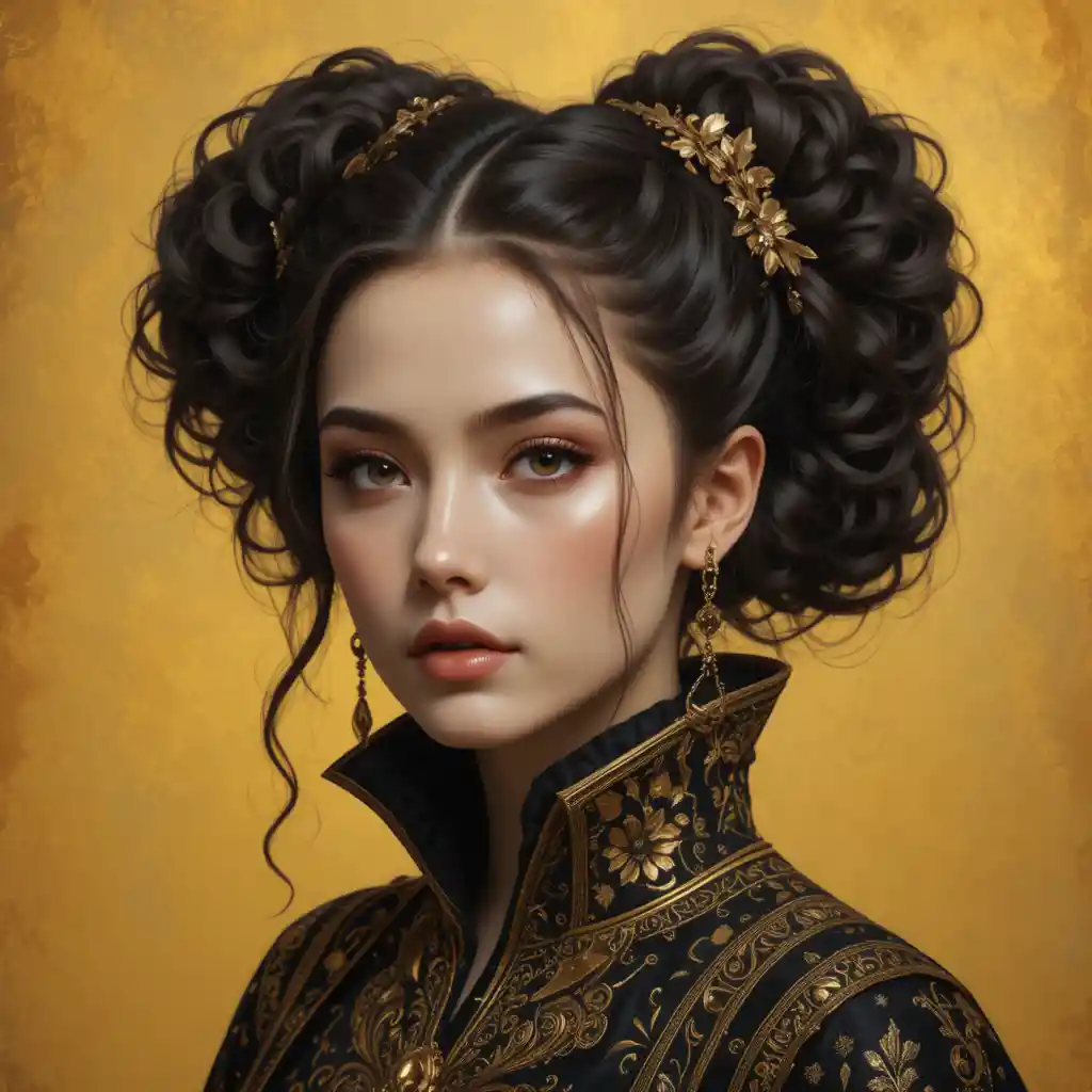 Regal digital portrait of a young woman in black and gold