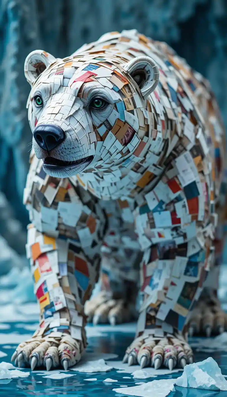 Paper collage polar bear with emerald eyes in studio