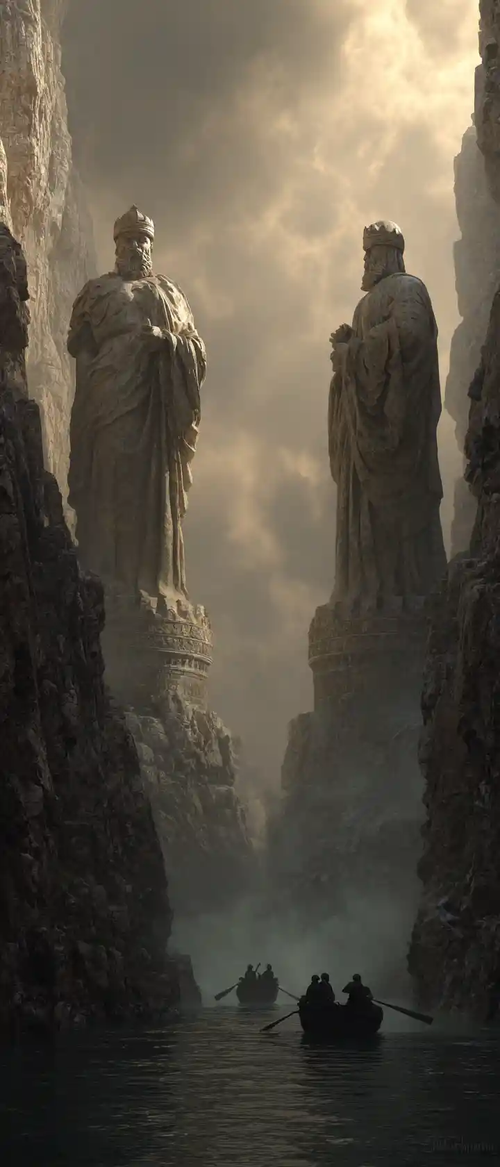 Colossal Stone Guardians Over Stormy Sea Passage