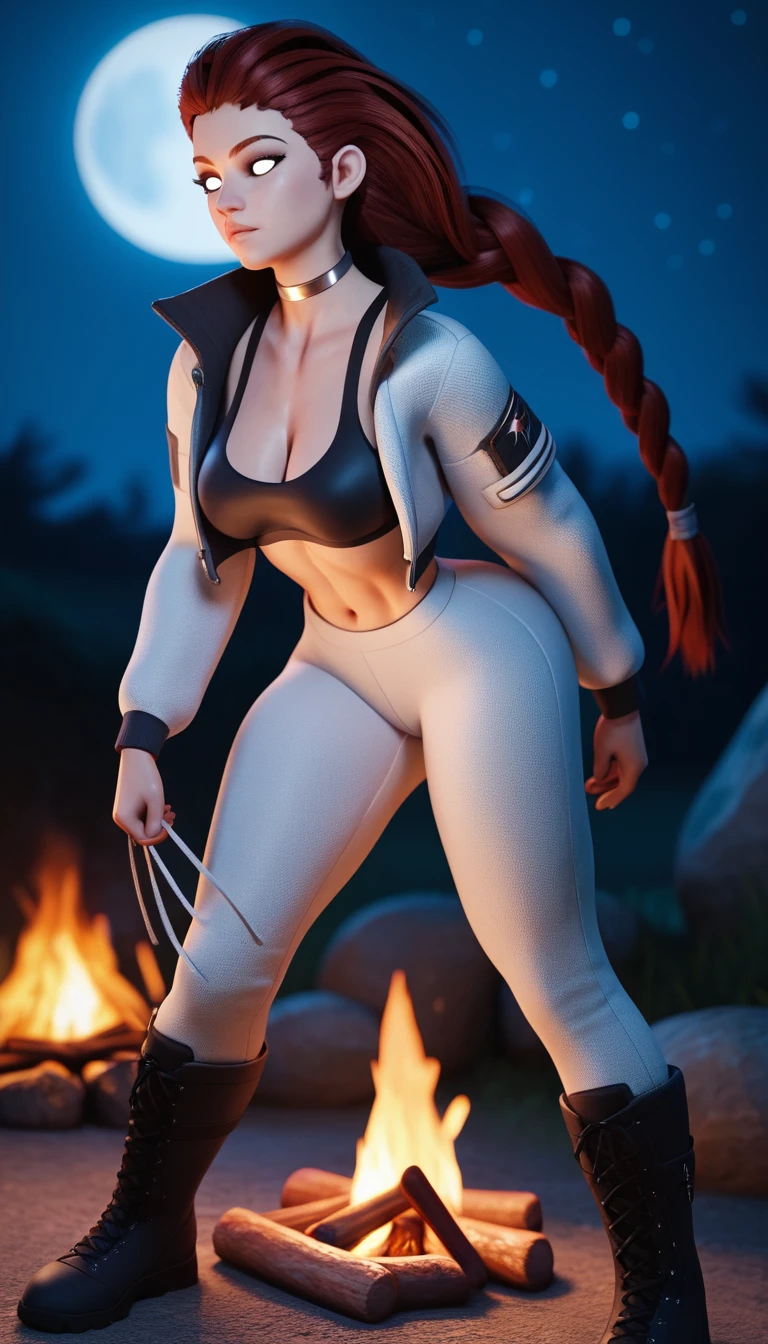 Fantasy huntress with braided auburn hair by a campfire