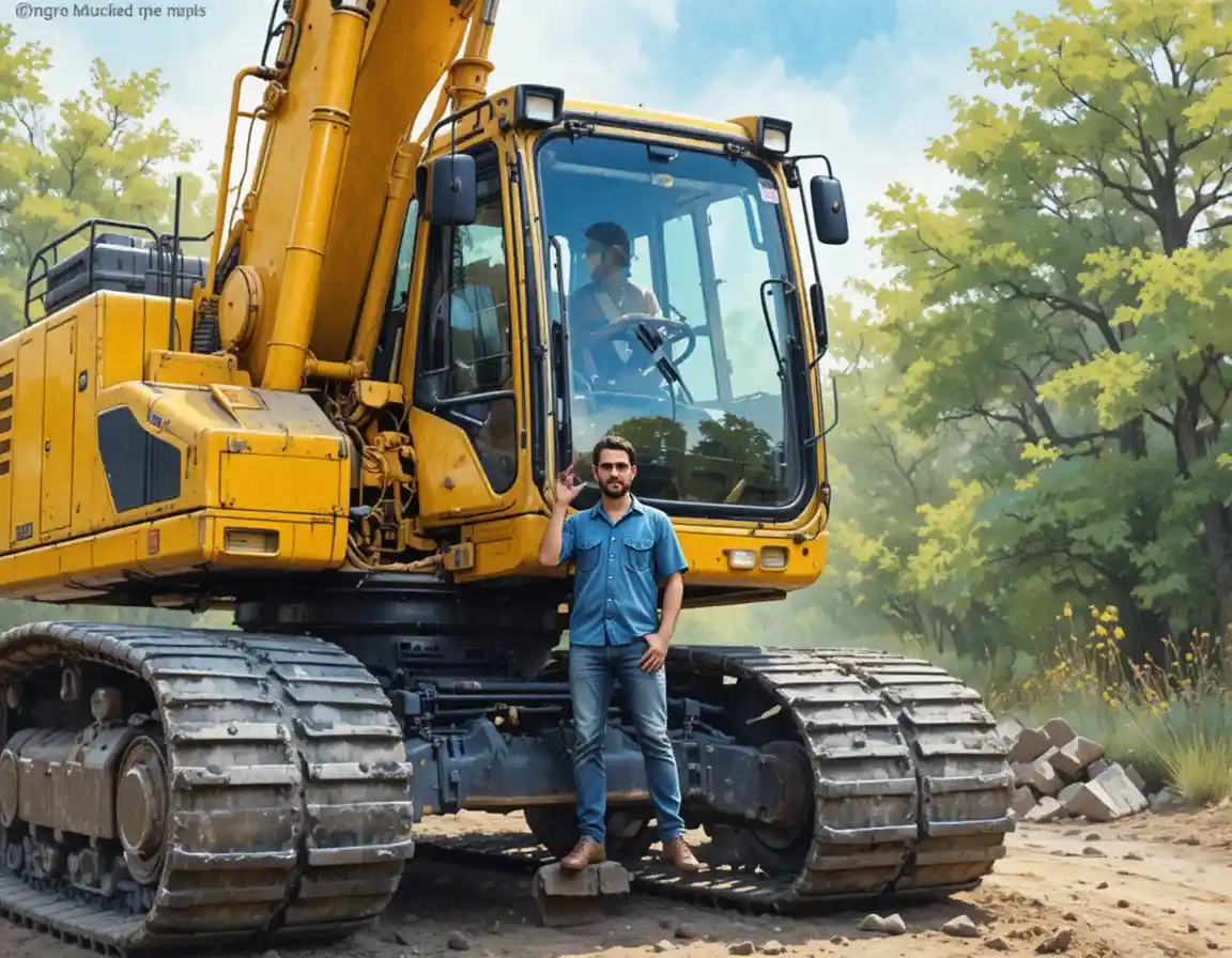Large yellow excavator with man standing at construction site