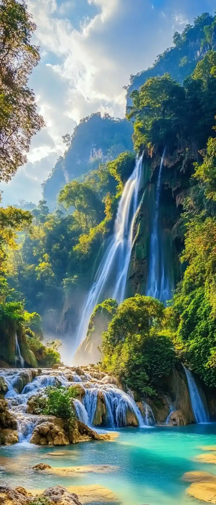 Cascata Turchese nella Lussureggiante Giungla Laotiana di Kuang Si