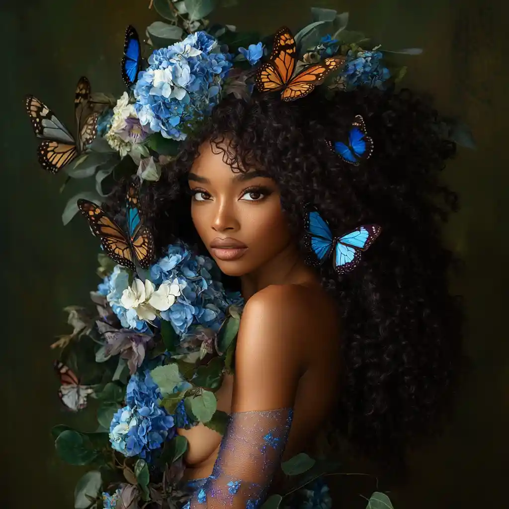 Confident black woman portrait with flowers and butterflies