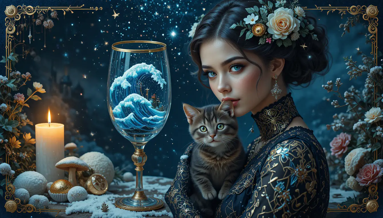 Gothic woman holding tuxedo kitten in sci fi desert