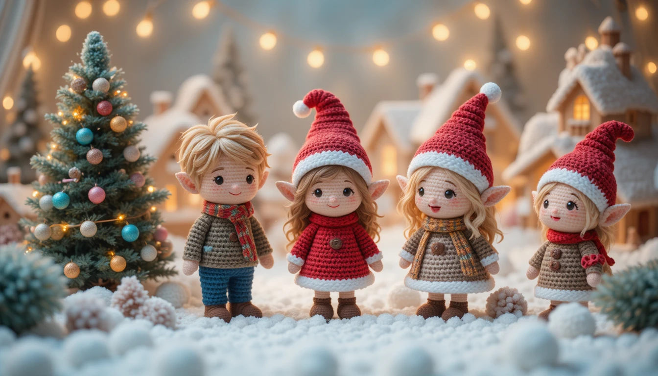 Cute crochet Christmas toys in a cozy winter village