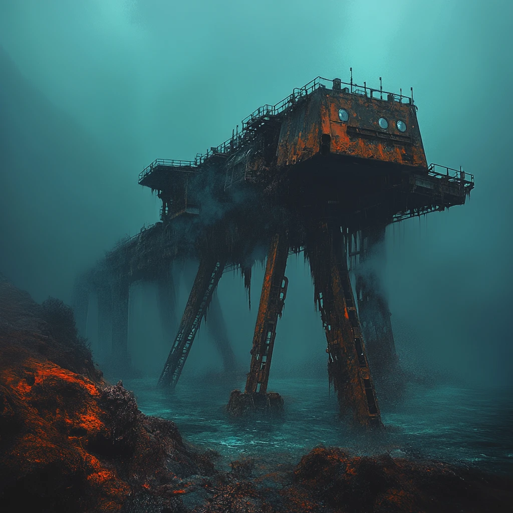 Submersible Wreck Resting On An Alien Ocean Floor