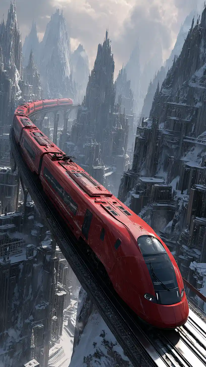 Futuristischer roter Hochgeschwindigkeitszug rast an Berggipfeln vorbei