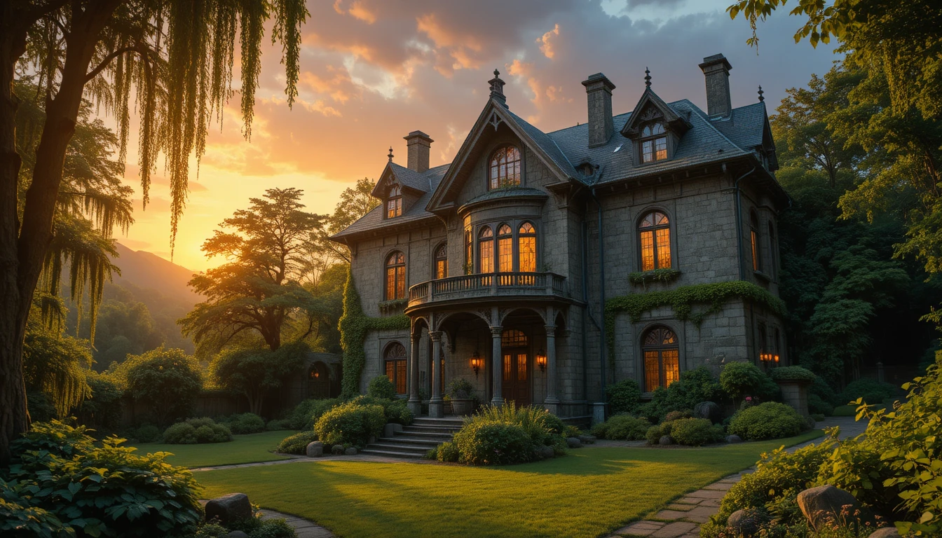 Old villa glowing with golden windows amid lush greenery