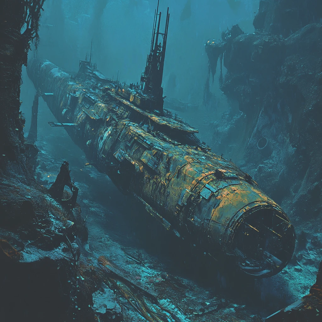 Lone submersible on an eerie skeletal ocean floor