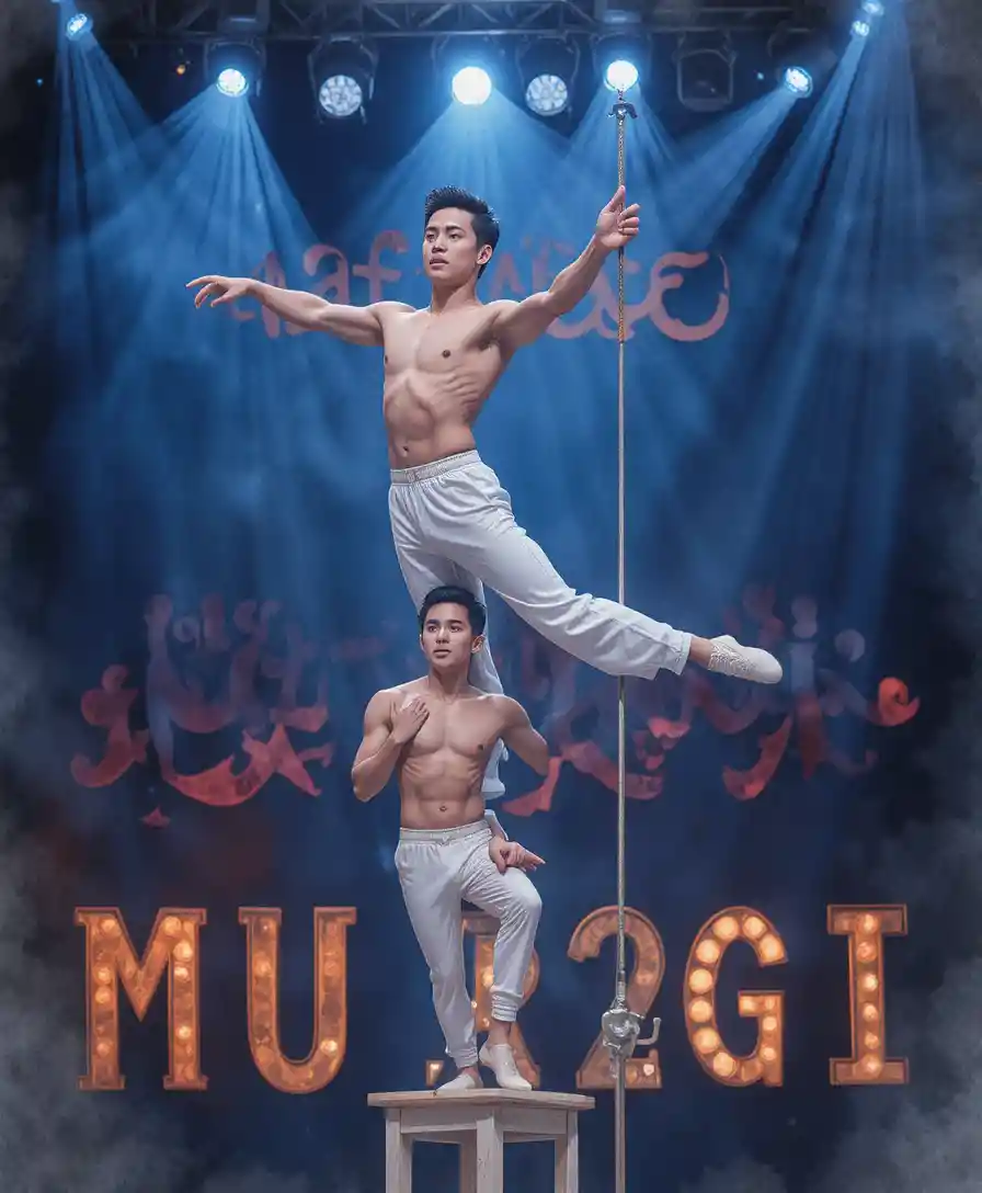 Two male acrobats balancing in a dramatic stage performance