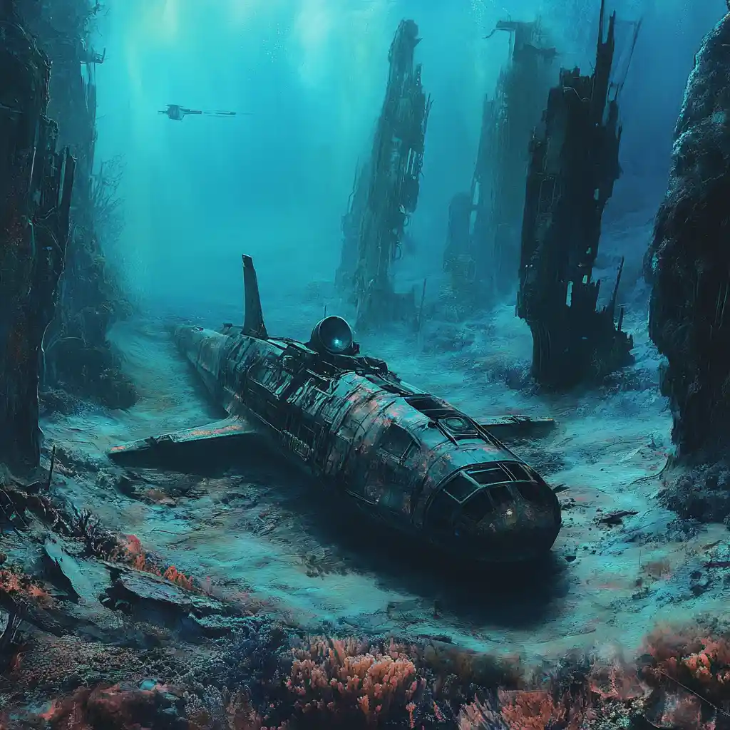 Submersible Wreck Beside Alien Skeletons On The Ocean Floor
