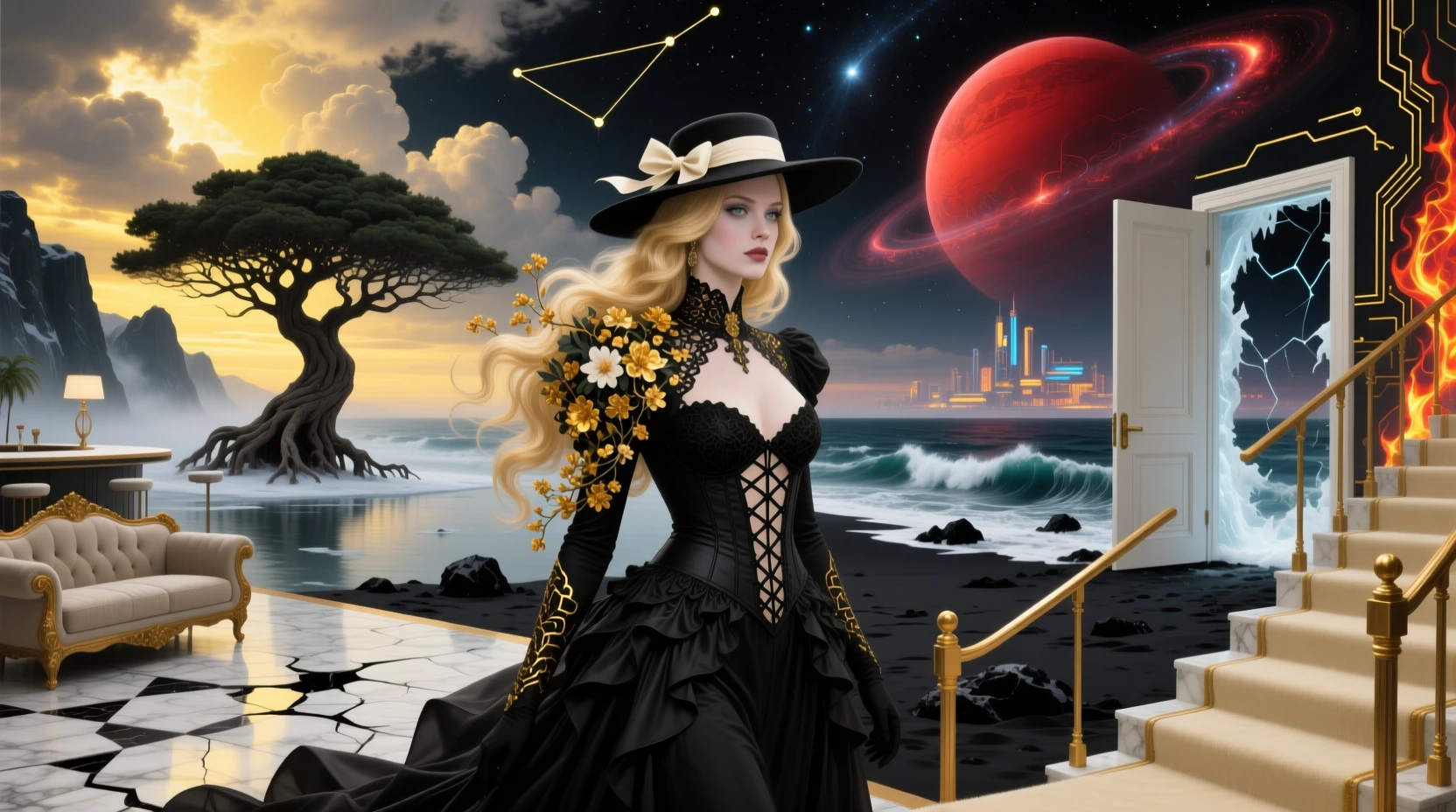 Surreal Gothic Woman With Floral Hair In Cosmic Interior