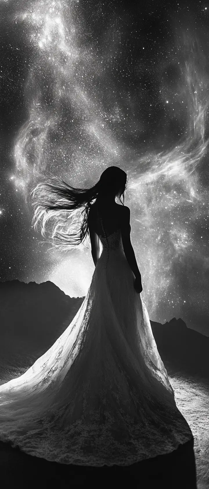 Bride silhouette against a cosmic night sky