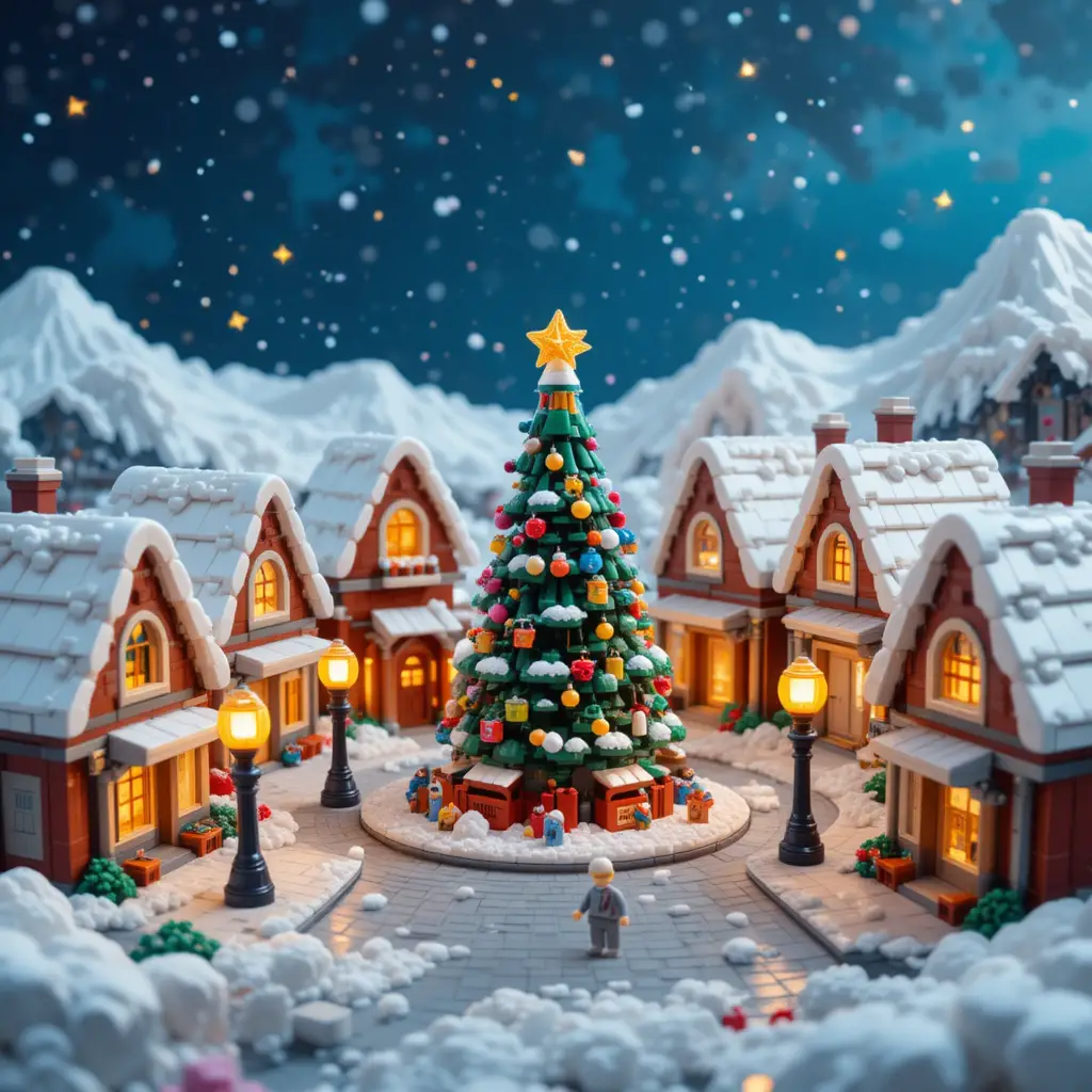 Cozy Lego Christmas village with snowy houses and tree