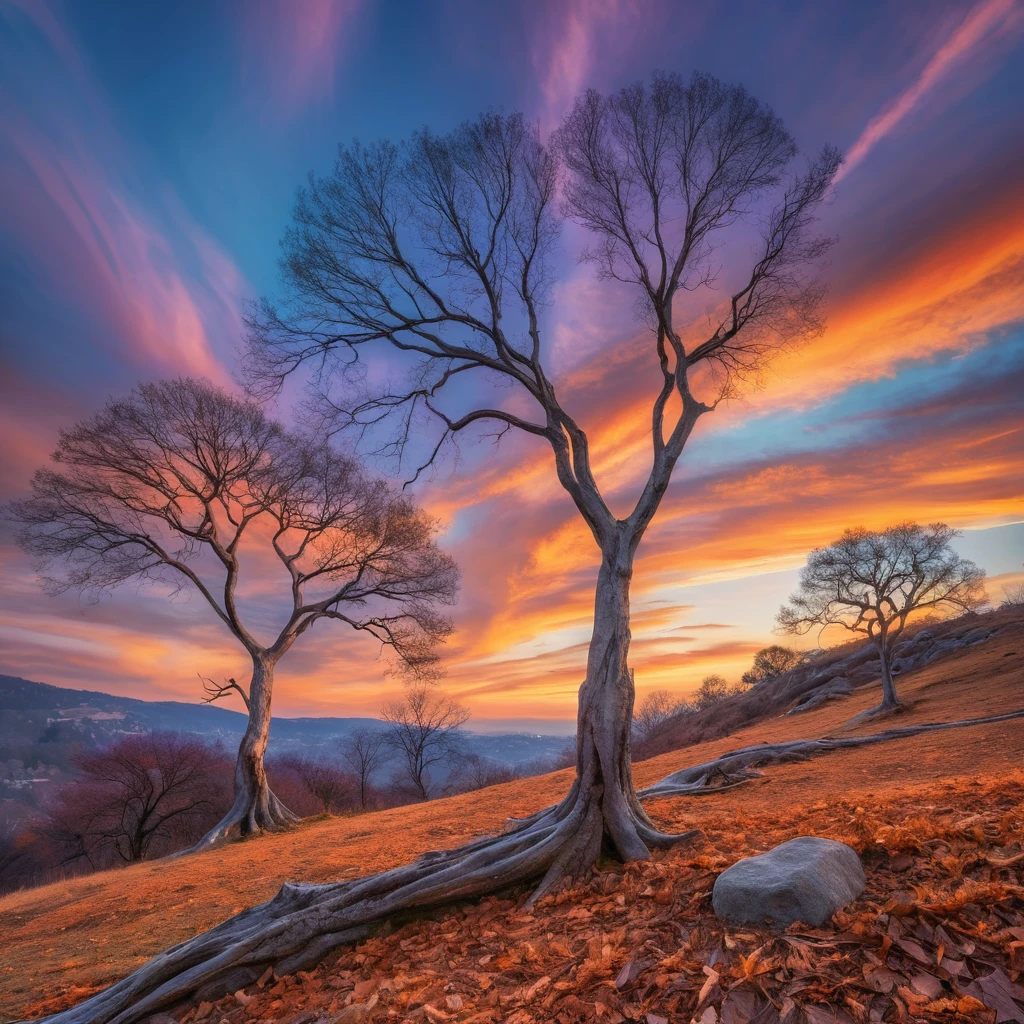 超現實夕陽景觀：岩坡上枯樹剪影