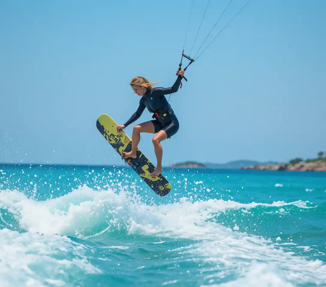 Woman performing aerial wakeboard trick over turquoise ocean