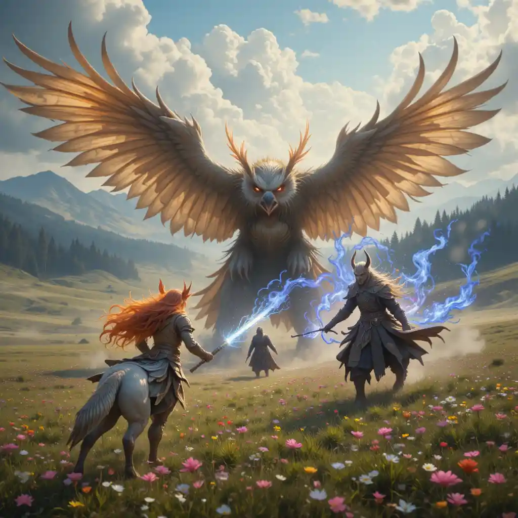 Elemental warriors clash on a prairie in epic fantasy battle
