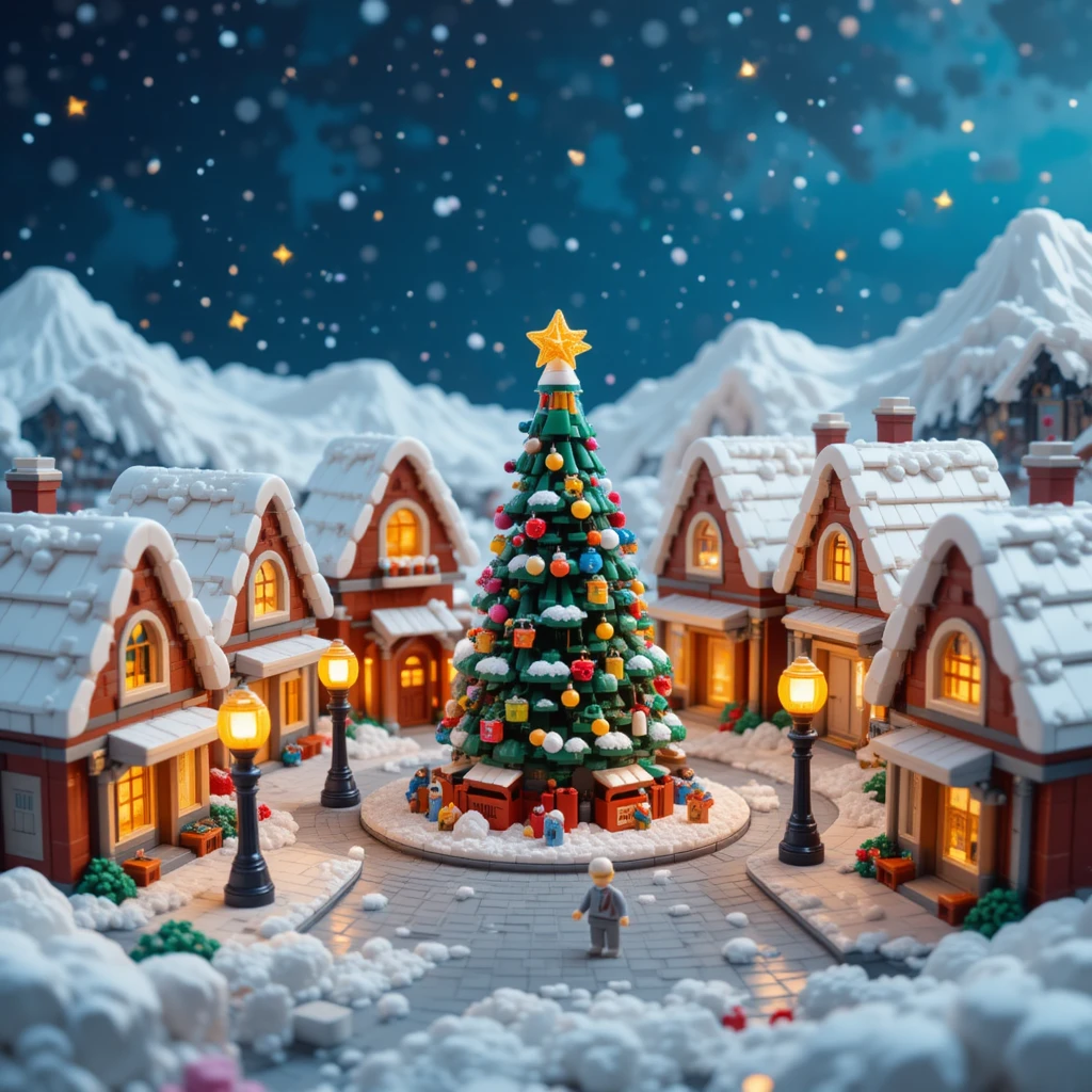 Aconchegante vila de Natal de Lego com casas nevadas e árvore