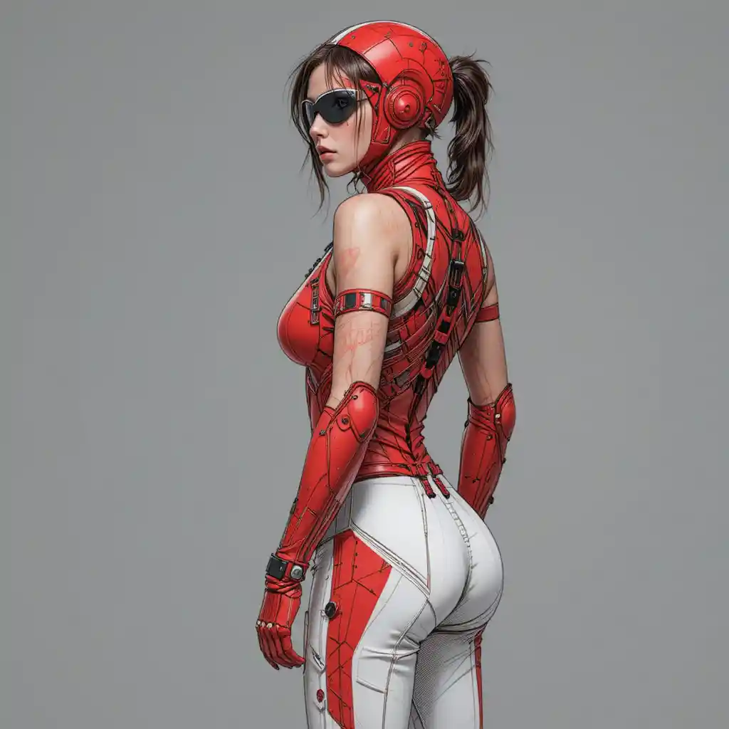 Dynamic racing woman character in bold red and white gear