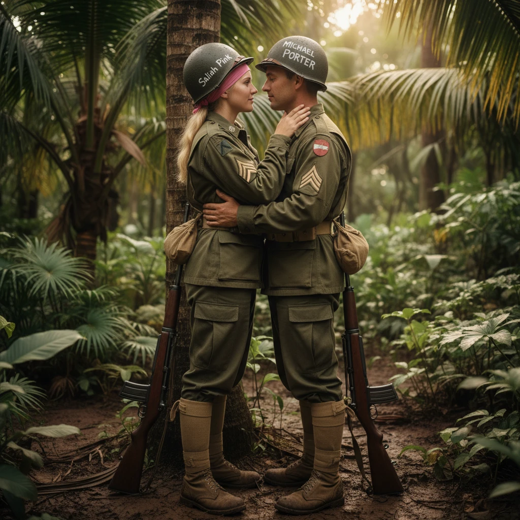 American soldier couple in love in Papua jungle