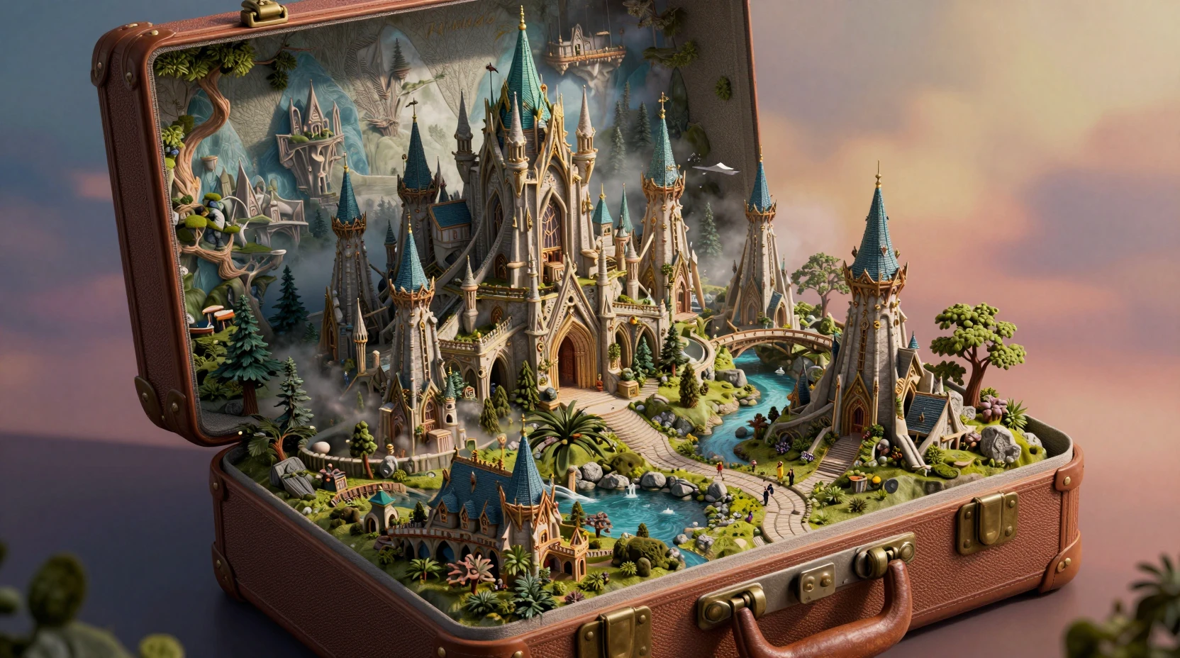Open suitcase revealing a miniature fantasy city inside
