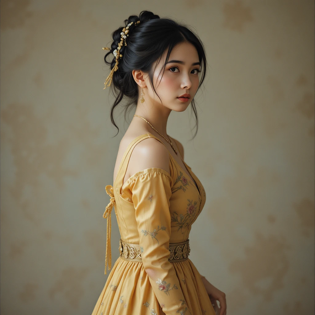 Thoughtful young woman in a yellow floral dress
