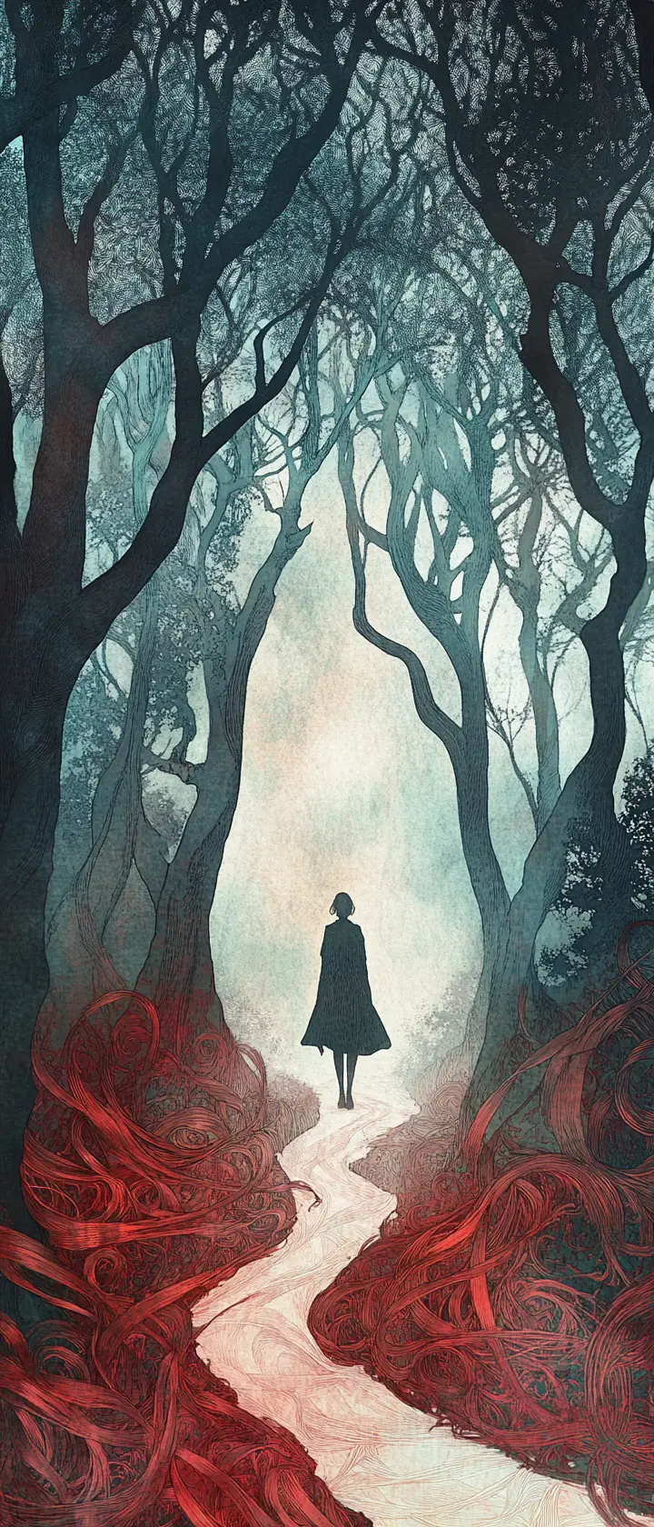 Anime figure walking through a surreal ribbon forest