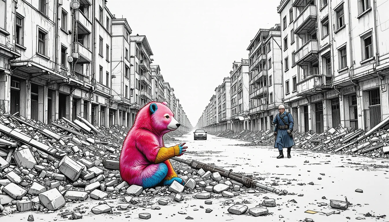Oso de peluche colorido entre las ruinas de una zona de guerra urbana
