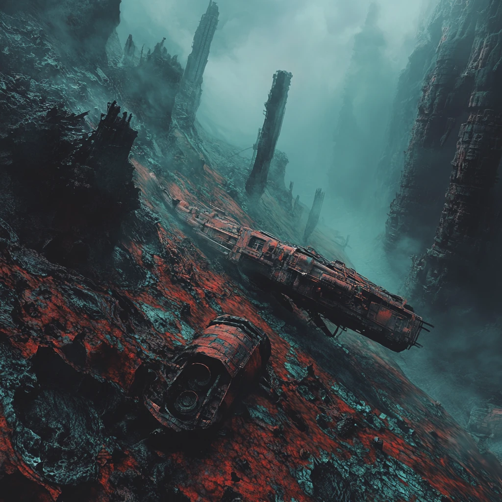 Abandoned submersible on an alien skeletal ocean floor