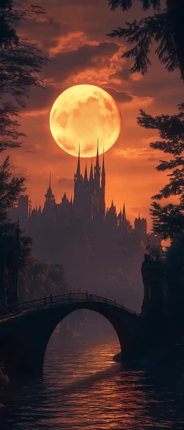 Crooked bridge to gothic castle under crescent moon