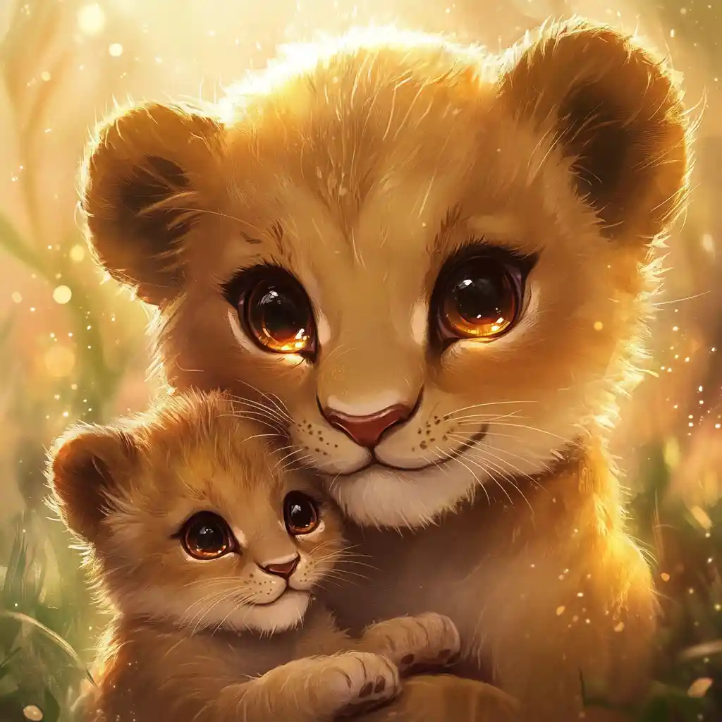 Leonessa chibi kawaii che coccola il suo cucciolo nella luce della savana