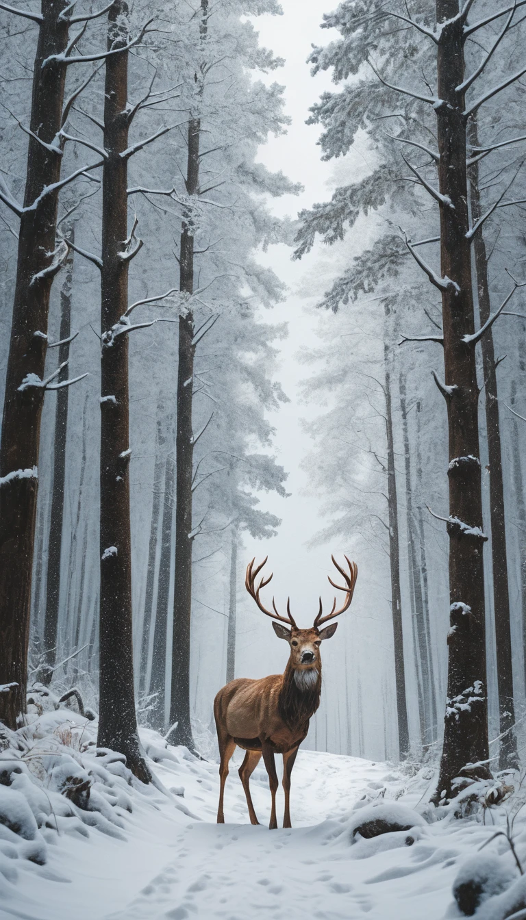 Majestic deer walking through a snowy forest scene