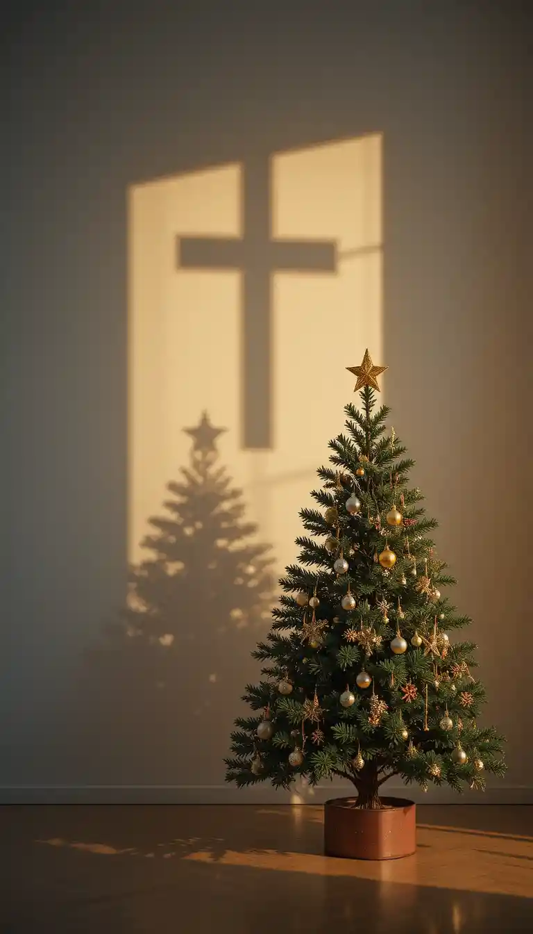 Christmas tree casting a subtle cross shadow in low light