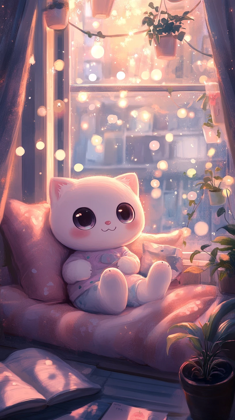 Kawaii girl relaxing with pillows and fairy lights