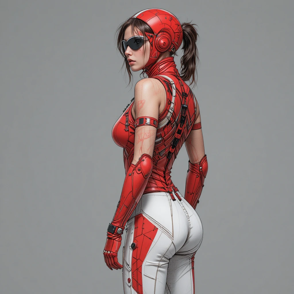 Dynamic racing woman character in bold red and white gear