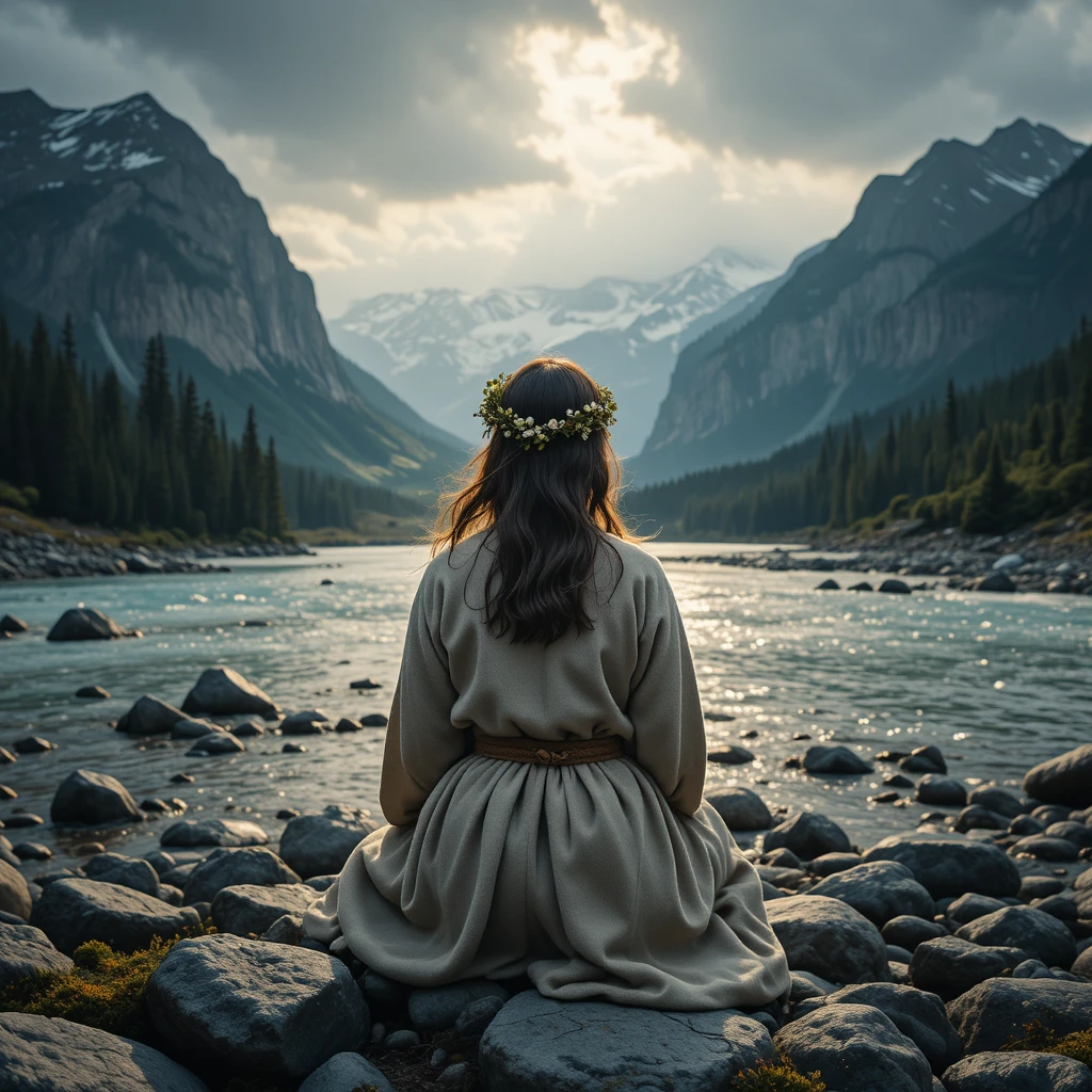 Solitary figure by a glacial river in misty alpine mountains