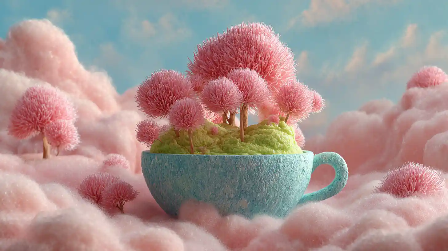 Fantasy ice cream landscape with pastel trees and clouds