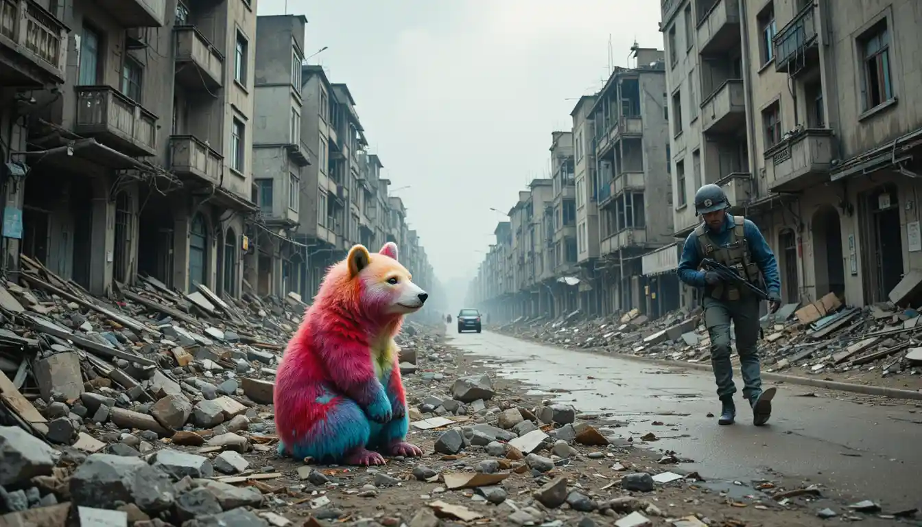 Orsetto di peluche colorato tra le rovine di una zona di guerra urbana
